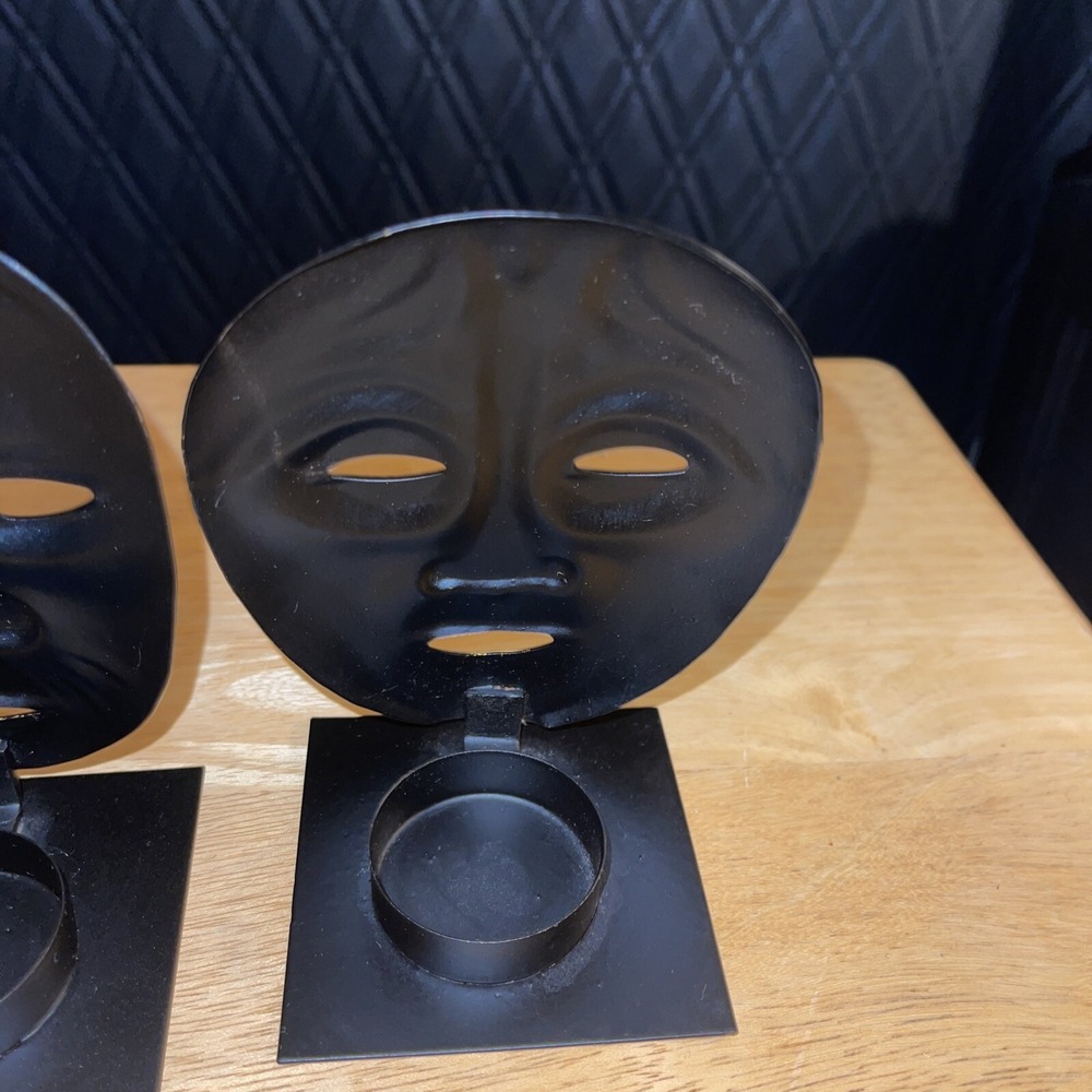 Vintage Theatre Mask Painted Black Metal Candle Holders Home Decor Tea light - Picture 9 of 12